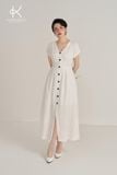  Đầm linen trắng dài cài khuy gỗ dừa tự nhiên cổ V tay gấp gấu | K482 