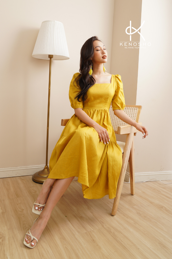  K184/K185/K186 Đầm Linen cổ vuông, tay ngắn phồng 