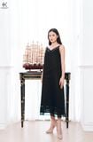  K118 Đầm linen maxi, dáng suông, 2 dây mix ren 