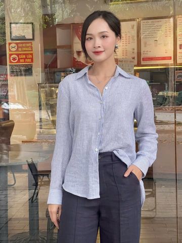 Áo sơ mi kẻ nữ K630 chất liệu linen pha cotton màu xanh từ Kenosho