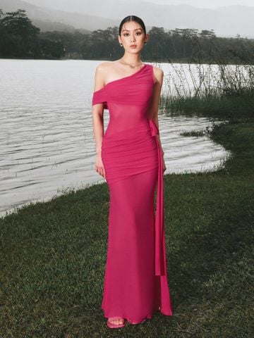  ĐẦM DÀI THUN LƯỚI SLIMFIT RUBINE RED  ARIEL 