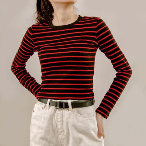  Long Sleeve Crop Top Đen Kẻ Đỏ 