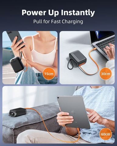 Sạc dự phòng kèm dây cáp USB-C 60cm TransiMini FlexCharge Retractable 30W, 10000mAh