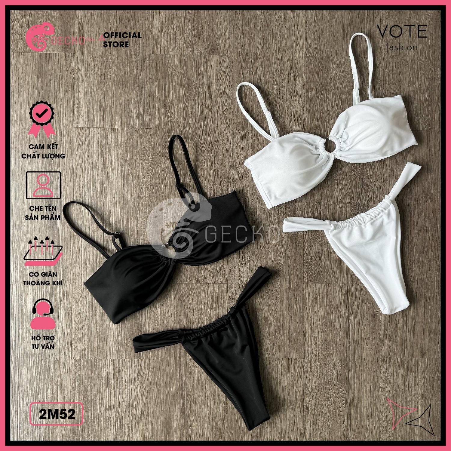  Bikini 2 Mảnh Áo Phối Khoen Trắng Đen Quần Lotkhe GECKO 2M52 