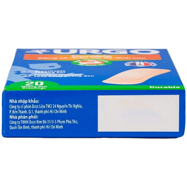  Băng cá nhân vải độ dính cao Urgo Durable size 2cm x 6cm bảo vệ các vết thương nhỏ, vết trầy xước, rách da (20 miếng) 