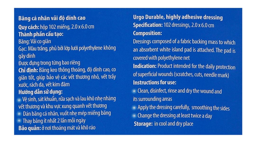  Băng cá nhân vải độ dính cao Urgo Durable size 2cm x 6cm bảo vệ các vết thương nhỏ, vết trầy xước, rách da (102 miếng) 