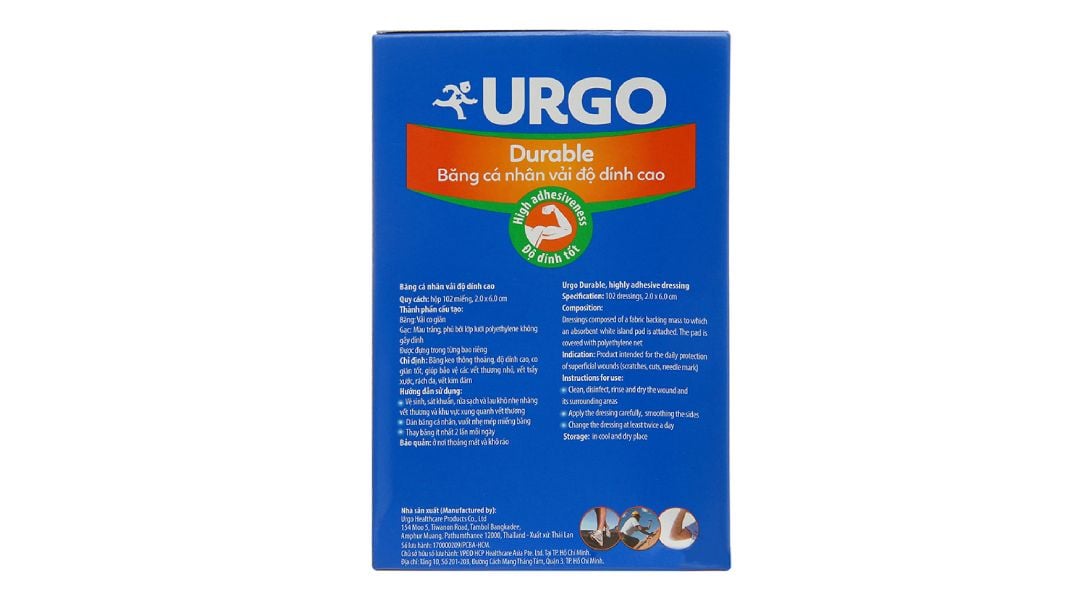  Băng cá nhân vải độ dính cao Urgo Durable size 2cm x 6cm bảo vệ các vết thương nhỏ, vết trầy xước, rách da (102 miếng) 
