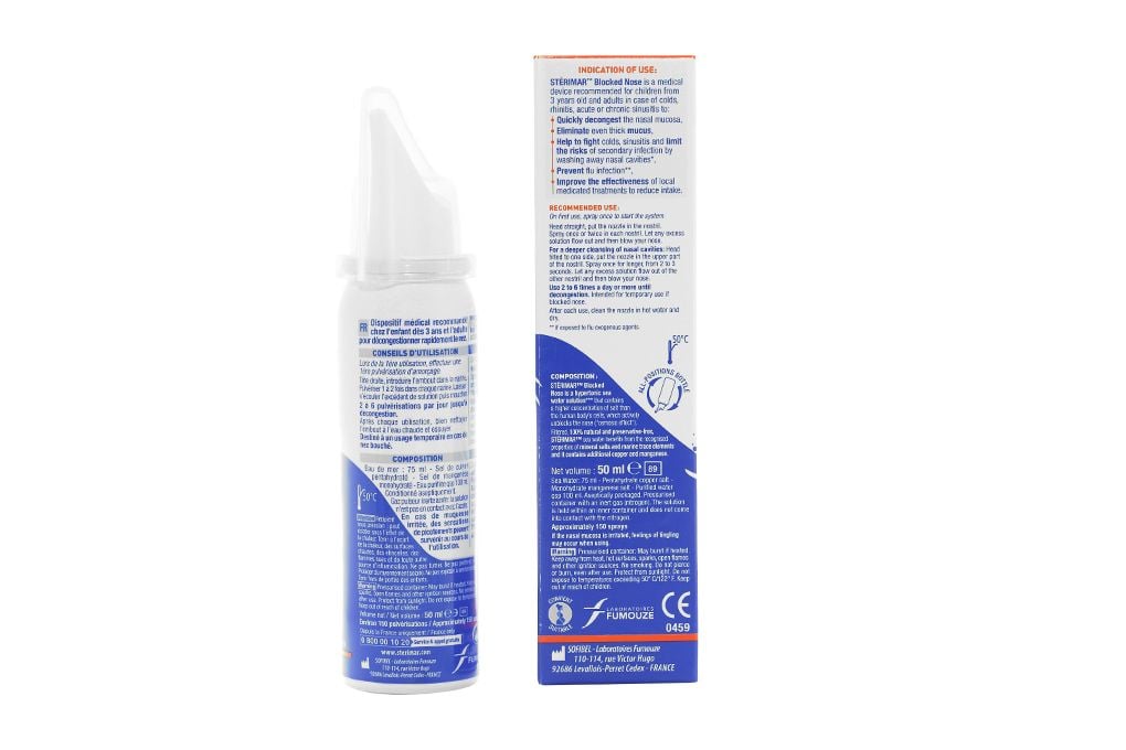  Dung dịch xịt mũi Stérimar Nez Bouché Blocked Nose làm sạch, loại bỏ bụi bẩn, làm ẩm niêm mạc mũi cho trẻ từ 3 tuổi - người lớn (50ml) 