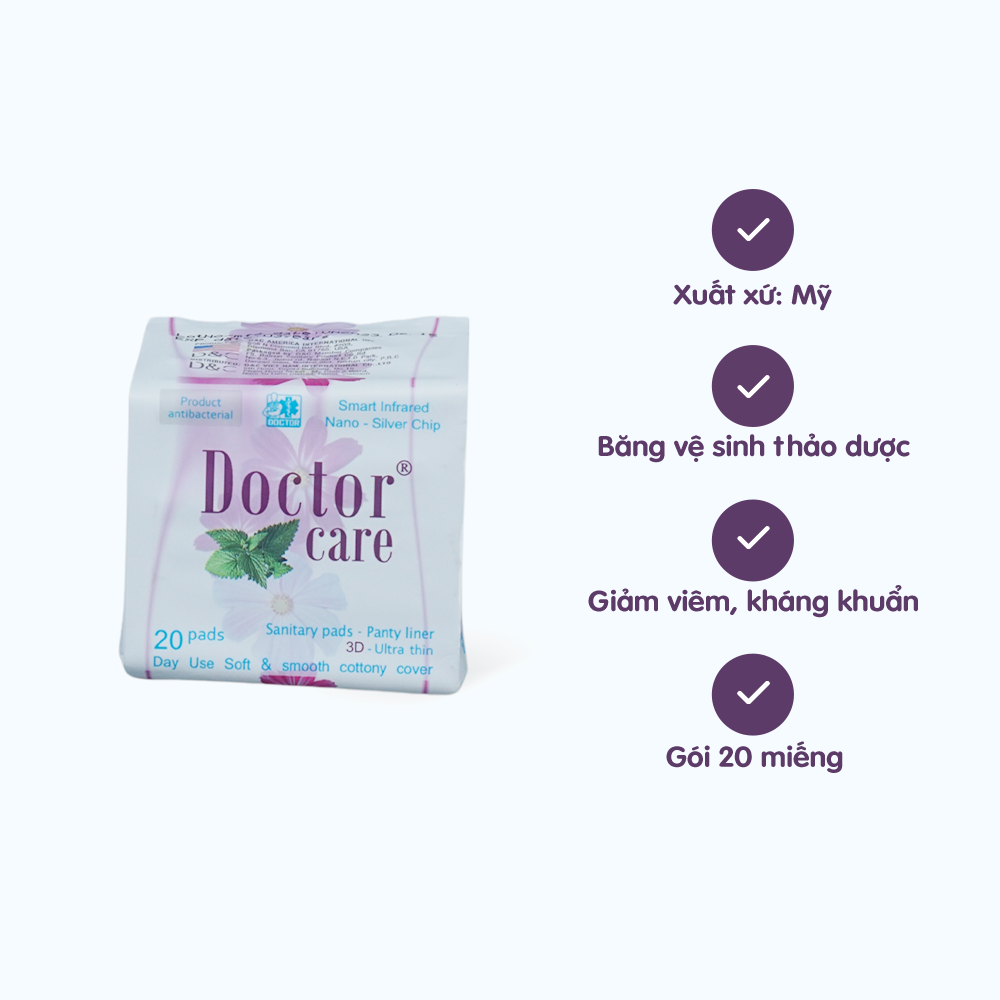  Băng vệ sinh hàng ngày Doctor Care tinh chất thảo dược siêu mỏng, siêu thấm, siêu chống tràn (Gói 20 miếng) 