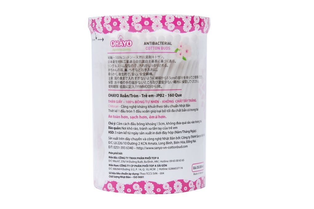  Tăm bông kháng khuẩn Ohayo Baby tiêu chuẩn Nhật Bản 1 đầu xoắn 1 đầu tròn cho trẻ em JP02 (lọ 160 que) 