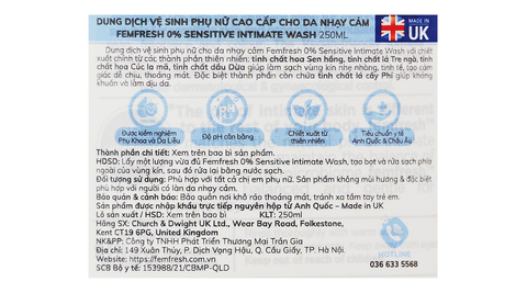  Dung dịch vệ sinh phụ nữ Femfresh 0% Sensitive Wash làm sạch cho da nhạy cảm chai 250ml 