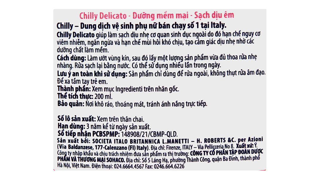  Dung dịch vệ sinh phụ nữ Chilly Delicato dưỡng mềm mại, sạch dịu êm chai 200ml 