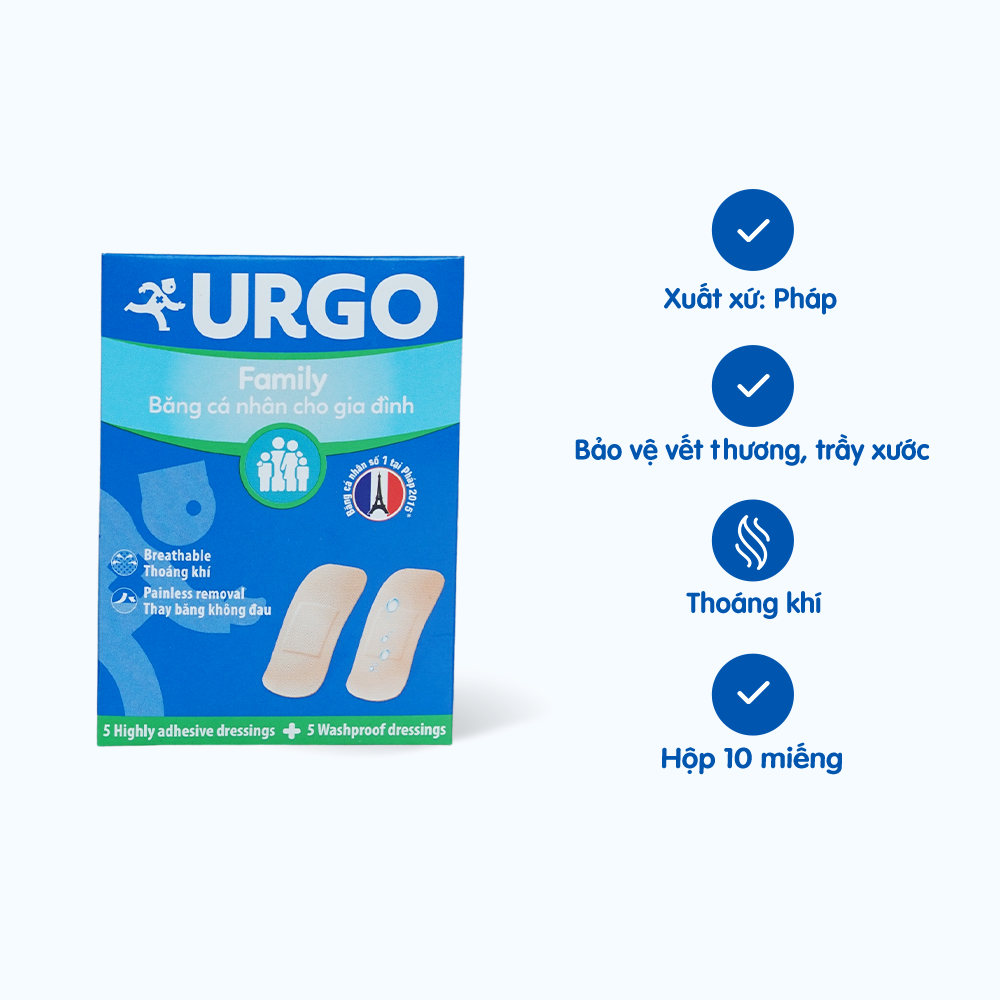  Băng cá nhân độ dính cao, co giãn tốt Urgo Family size 2cm x 6cm bảo vệ các vết thương nhỏ (10 miếng) 