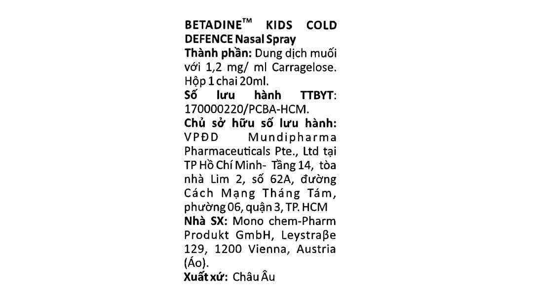  Xịt mũi Betadine Cold Defense Nasal Spray Kids 1+ 20ml dùng cho cảm cúm trẻ em 