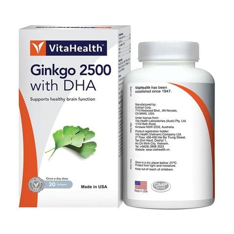  Viên uống Ginkgo 2500 With DHA VitaHealth hỗ trợ chức năng não bộ, tăng cường khả năng ghi nhớ (30 viên) 
