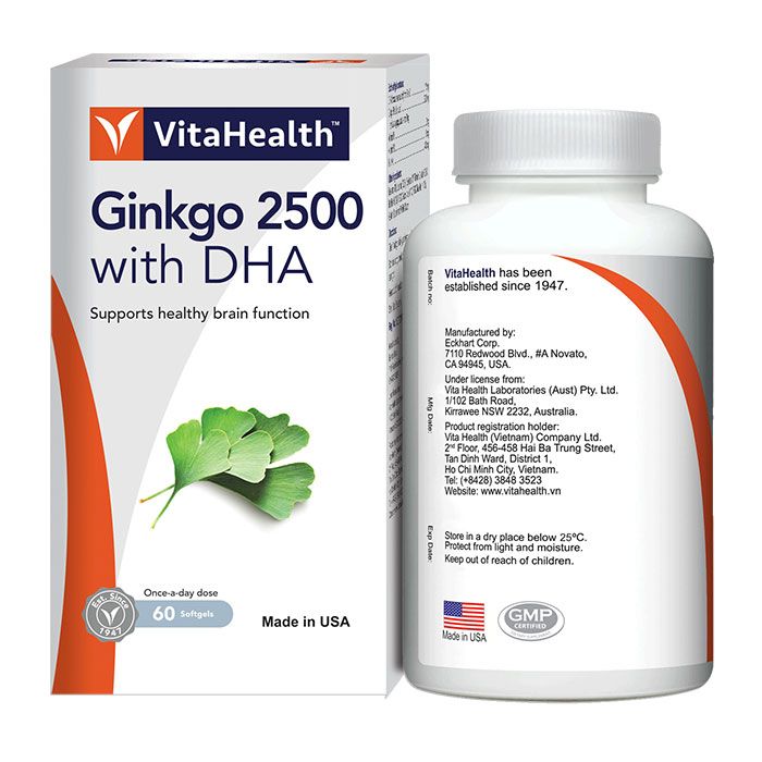  Viên uống Ginkgo 2500 With DHA VitaHealth hỗ trợ chức năng não bộ, tăng cường khả năng ghi nhớ (60 viên) 