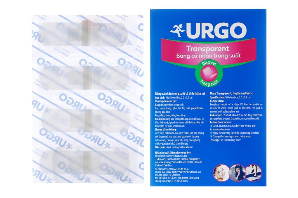  Băng cá nhân trong suốt Urgo Transparent 2cm x 7.2cm bảo vệ vết thương nhỏ, vết trầy xước (100 miếng) 