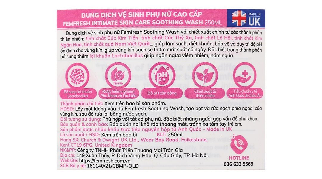  Dung dịch vệ sinh phụ nữ Femfresh Soothing Wash làm sạch, khử mùi hôi, làm thơm vùng kín (250ml) 