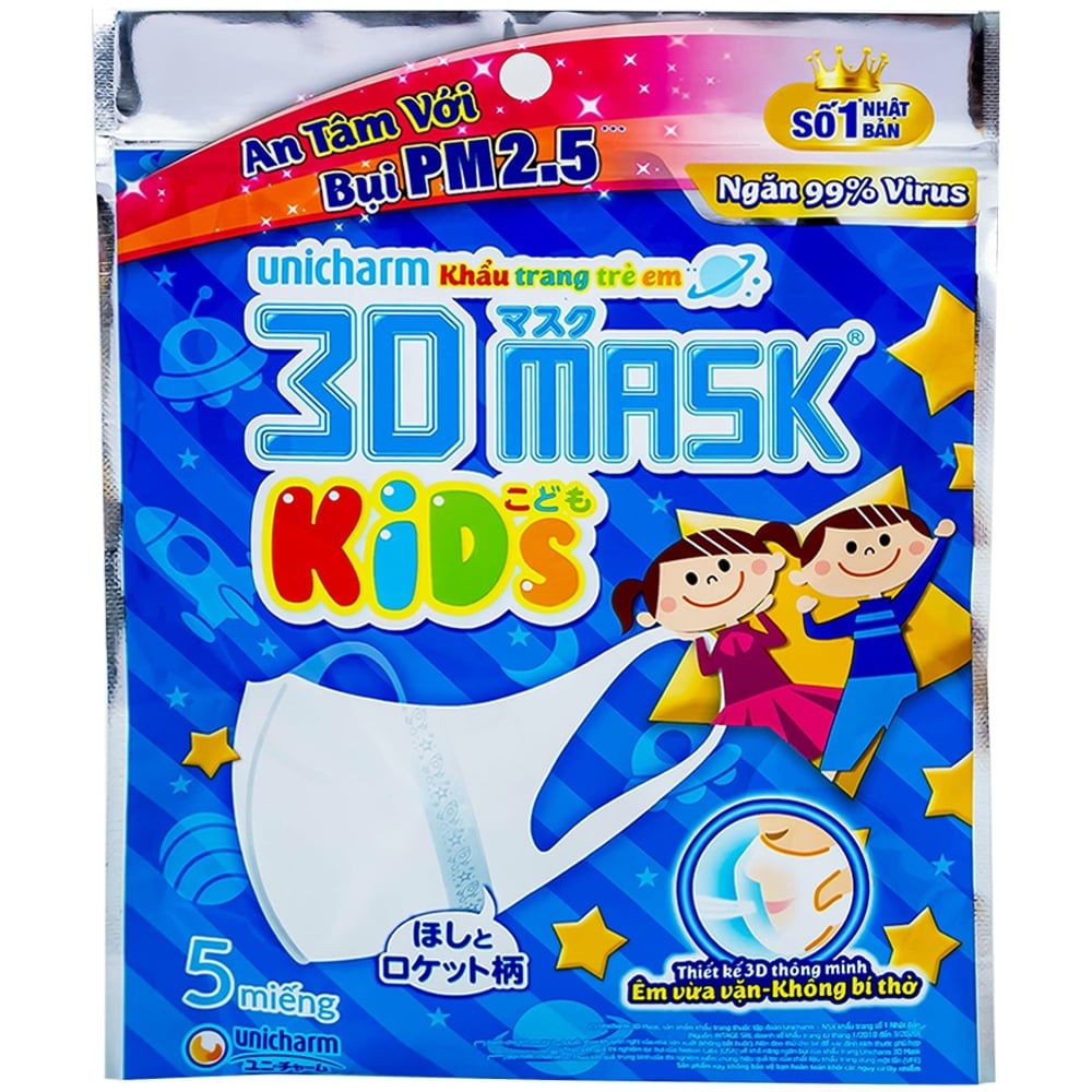  Khẩu trang trẻ em 3Dmask Kids Unicharm ngăn khói bụi, bụi mịn PM 2.5 (5 cái) 