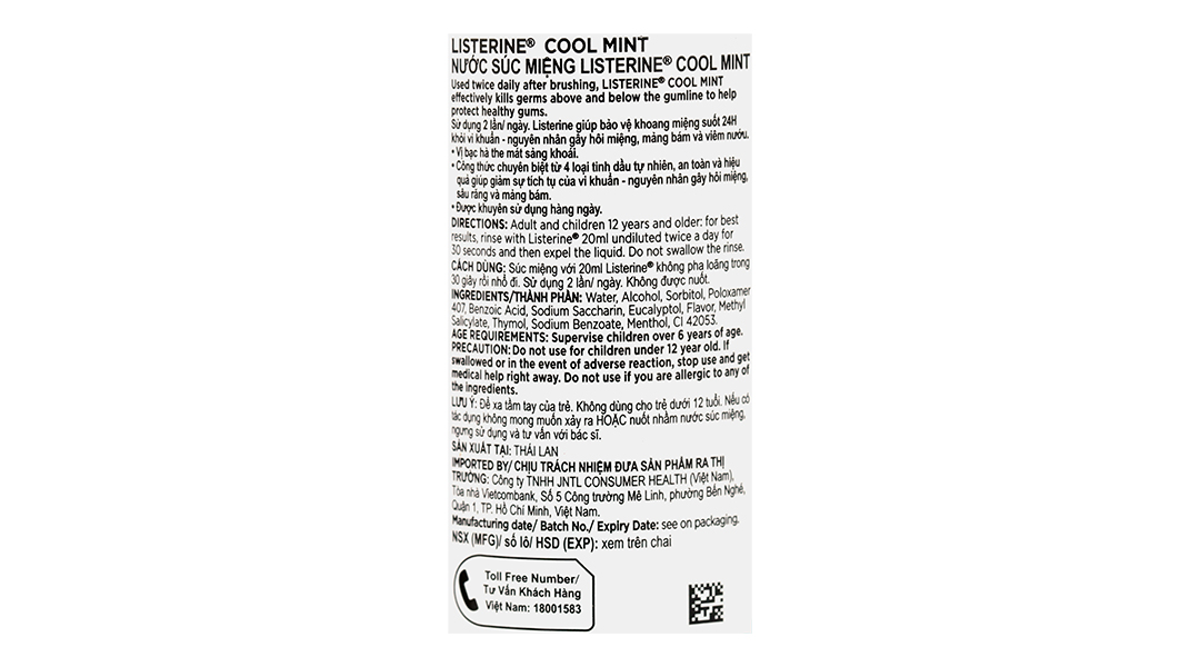  Nước súc miệng Listerine Cool Mint bảo vệ khoang miệng suốt 24h khỏi vi khuẩn hôi miệng, mảng bám, viêm nướu (100ml) 
