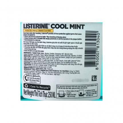  Nước súc miệng Listerine Cool Mint bảo vệ khoang miệng suốt 24h khỏi vi khuẩn hôi miệng, mảng bám, viêm nướu (250ml) 