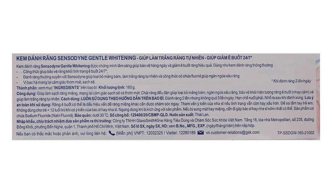 Kem đánh răng Sensodyne Gentle Whitening làm trắng răng tự nhiên, bảo vệ răng ê buốt mỗi ngày (160g) 