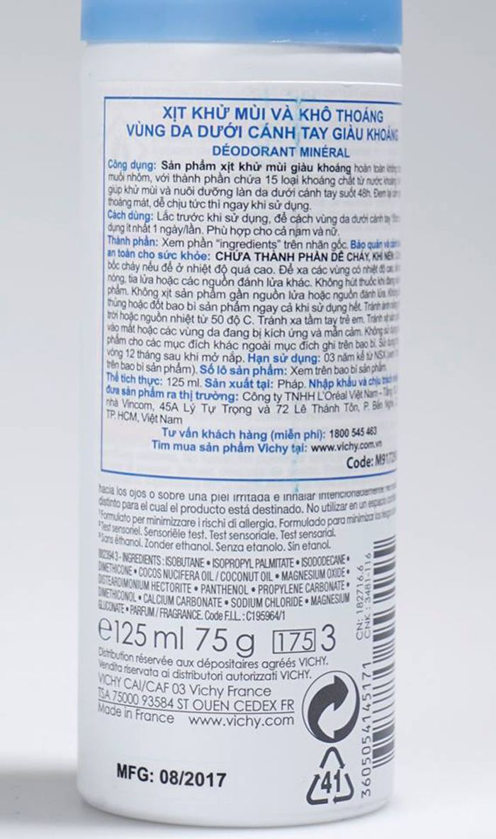  Xịt Khử Mùi Vichy Giữ Khô Thoáng Suốt 48 Giờ 125ml Deodorant Mineral 48H 