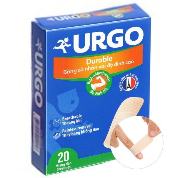  Băng cá nhân vải độ dính cao Urgo Durable size 2cm x 6cm bảo vệ các vết thương nhỏ, vết trầy xước, rách da (20 miếng) 