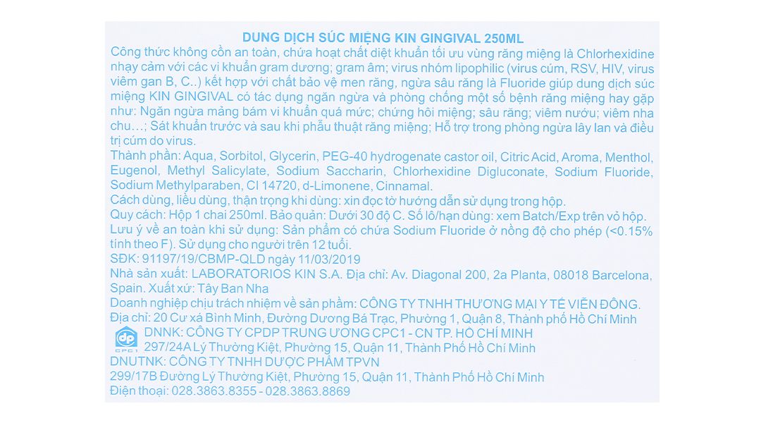  Dung dịch súc miệng Kin Gingival ngăn ngừa mảng bám, viêm nướu, sâu răng (250ml) 
