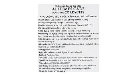  Viên uống Alltimes Care Platinum Cordyceps tăng cường sức khoẻ, nâng cao sức đề kháng (60 viên) 