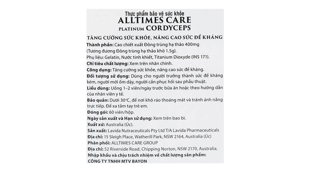  Viên uống Alltimes Care Platinum Cordyceps tăng cường sức khoẻ, nâng cao sức đề kháng (60 viên) 