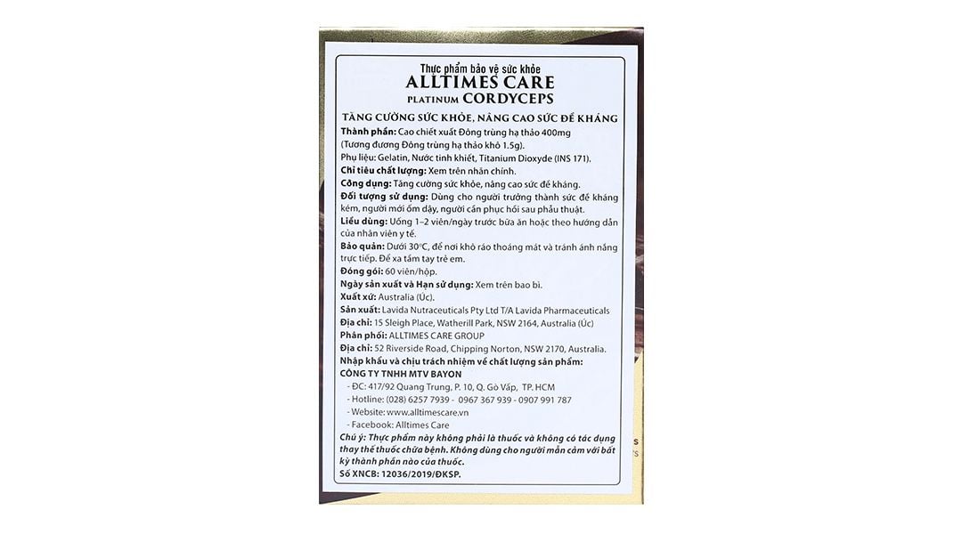 Viên uống Alltimes Care Platinum Cordyceps tăng cường sức khoẻ, nâng cao sức đề kháng (60 viên) 