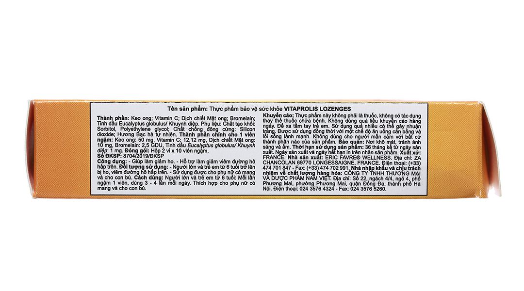 Viên ngậm Vitaprolis Pastilles hỗ trợ giảm ho, giảm viêm đường hô hấp hộp 20 viên 