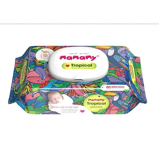  Khăn ướt Mamamy Tropical 100% sợi tự nhiên ngừa hăm, rôm sảy kháng khuẩn giữ ẩm cho bé gói 90 tờ 