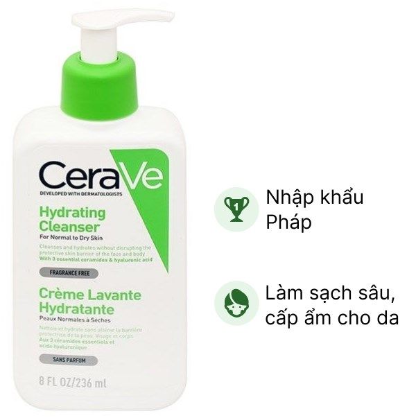  Sữa Rửa Mặt CeraVe Cho Da Thường Đến Khô 236ml Hydrating Cleanser 