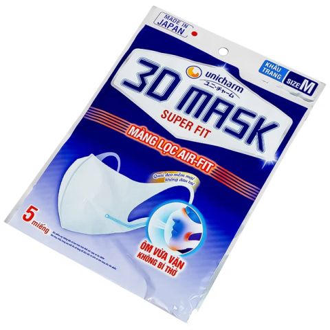  Khẩu trang y tế Mask Super Fit Unicharm size M hỗ trợ ngăn khói, bụi, kháng khuẩn (5 cái) 