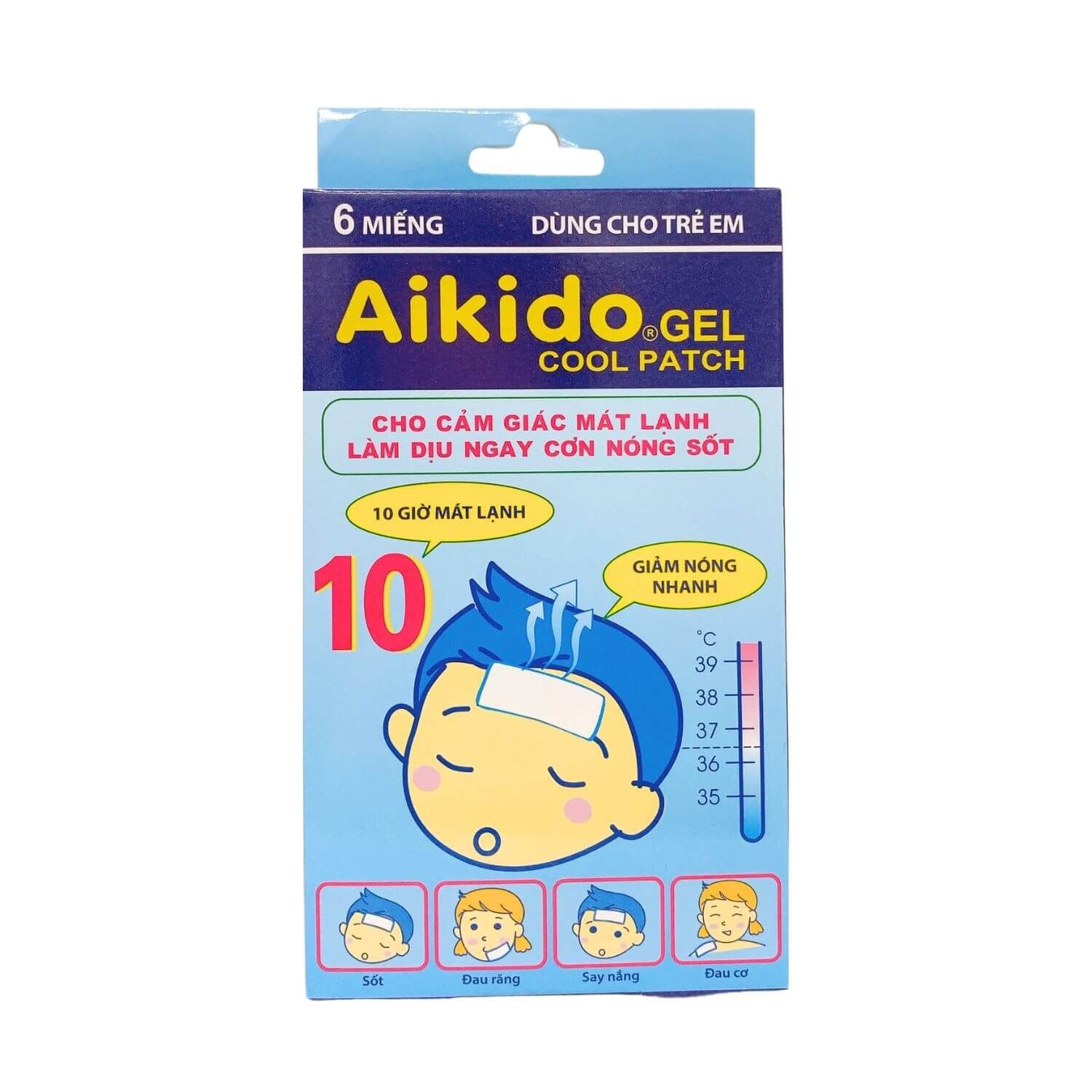  Miếng dán hạ sốt Aikido Gel Cool Patch chườm mát khi bị sốt nóng, say nắng, ngừa co giật ở trẻ (3 gói x 2 miếng) 