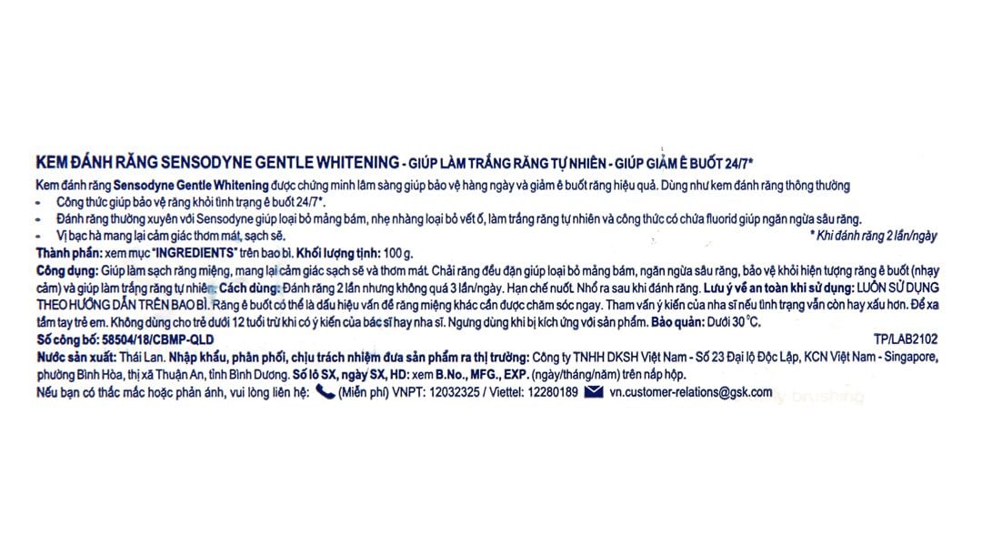  Kem đánh răng Sensodyne Gentle Whitening làm trắng răng tự nhiên, bảo vệ răng ê buốt mỗi ngày (100g) 