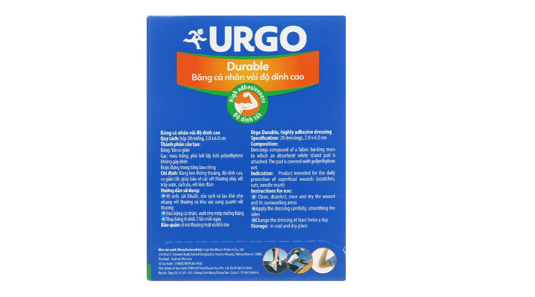  Băng cá nhân vải độ dính cao Urgo Durable size 2cm x 6cm bảo vệ các vết thương nhỏ, vết trầy xước, rách da (20 miếng) 