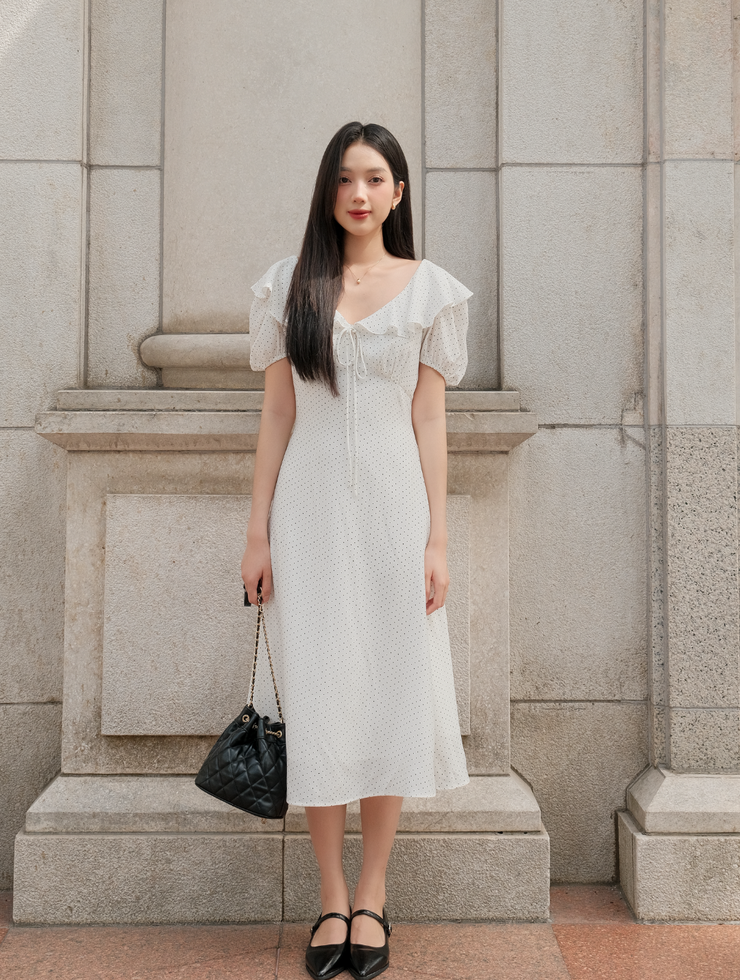  WHITE DOT MIDI DRESS 