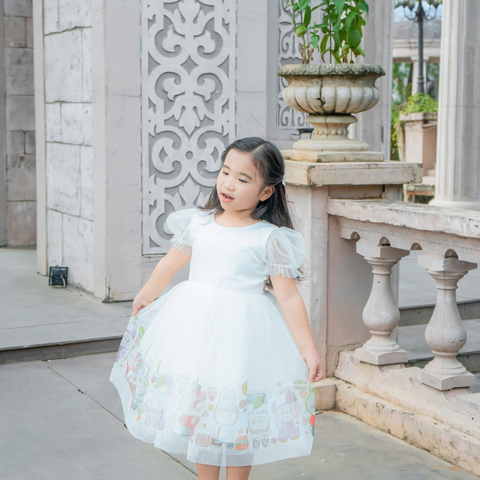 Đầm voan có tay in họa tiết labubu cho bé gái Nexxi Kids Fashion