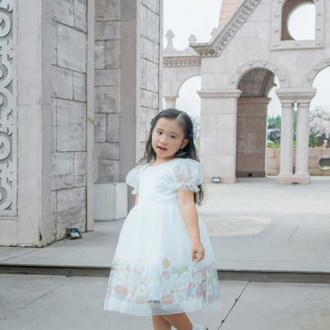 Đầm voan có tay in họa tiết labubu cho bé gái Nexxi Kids Fashion