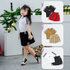 Set Chân Váy Thun Túi Hộp Viền Sọc Kèm Áo Thun In Chữ N Cho Bé Gái