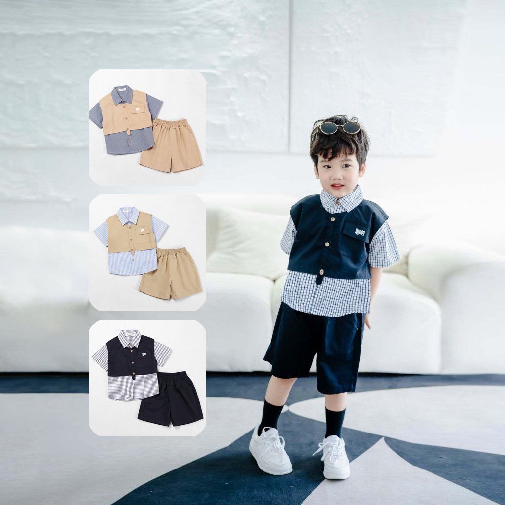 Set Ghile Bé Trai In Chữ Play Kèm Áo Sơ Mi Và Quần Đùi