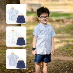 Set Bé Trai Sơ Mi Cổ Trụ In Họa Tiết Cá Sấu Kèm Quần Sọt Jean