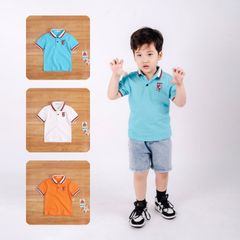 Áo Thun Cổ Bẻ Bo Sọc Thêu Chữ T Bé Trai