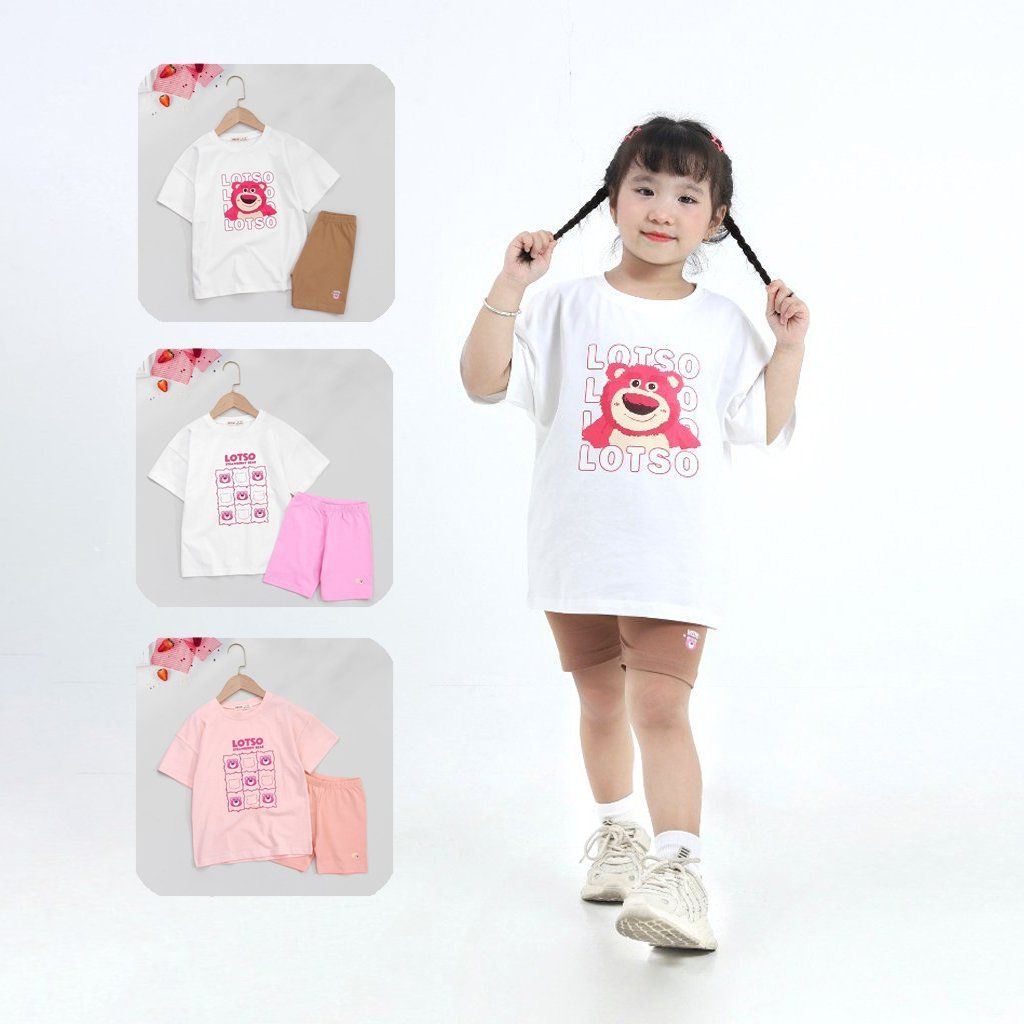 Bộ Áo Thun Form Rộng Quần Legging Đùi In Hình Lotso Cho Bé Gái