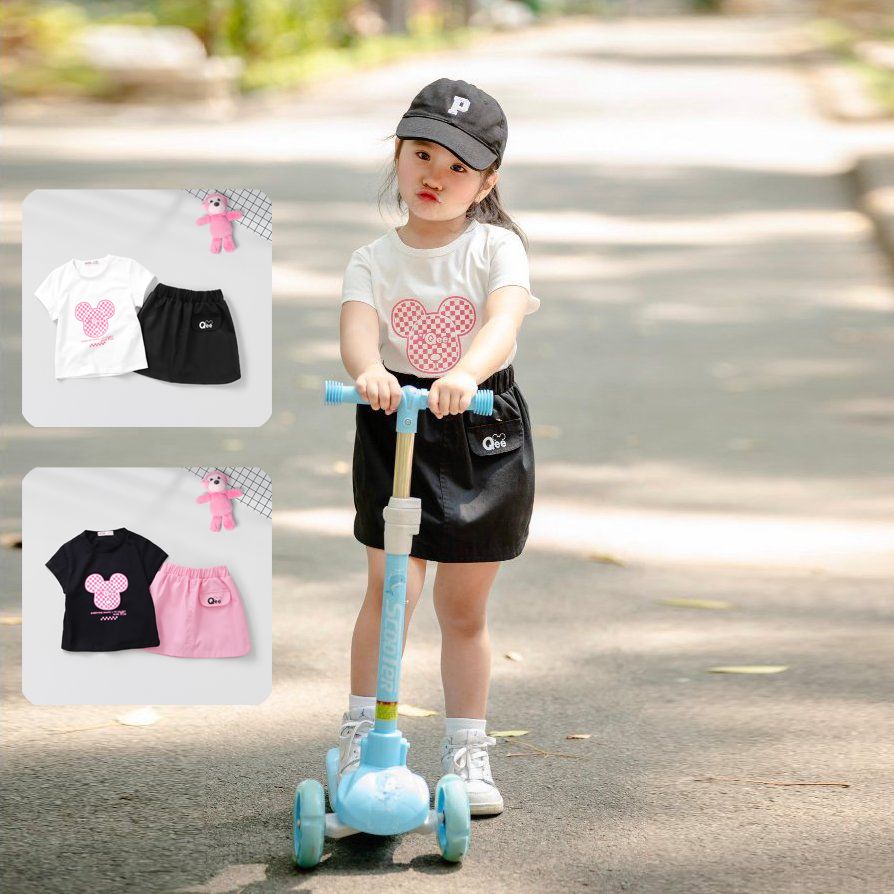 Set Váy Kaki Và Áo Thun In Hình Gấu QEE Bé Gái