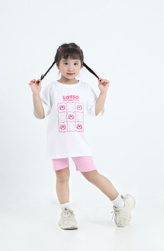 Bộ Áo Thun Form Rộng Quần Legging Đùi In Hình Lotso Cho Bé Gái