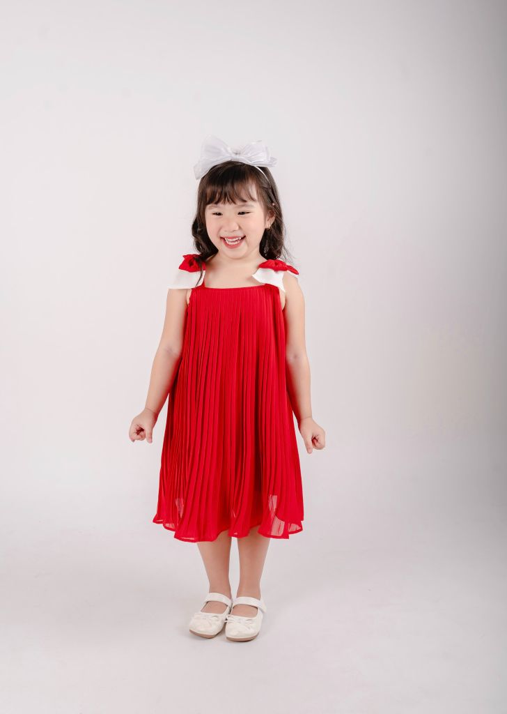 Đầm Voan Bé Gái Dập Ly Nơ Vai Kiểu
